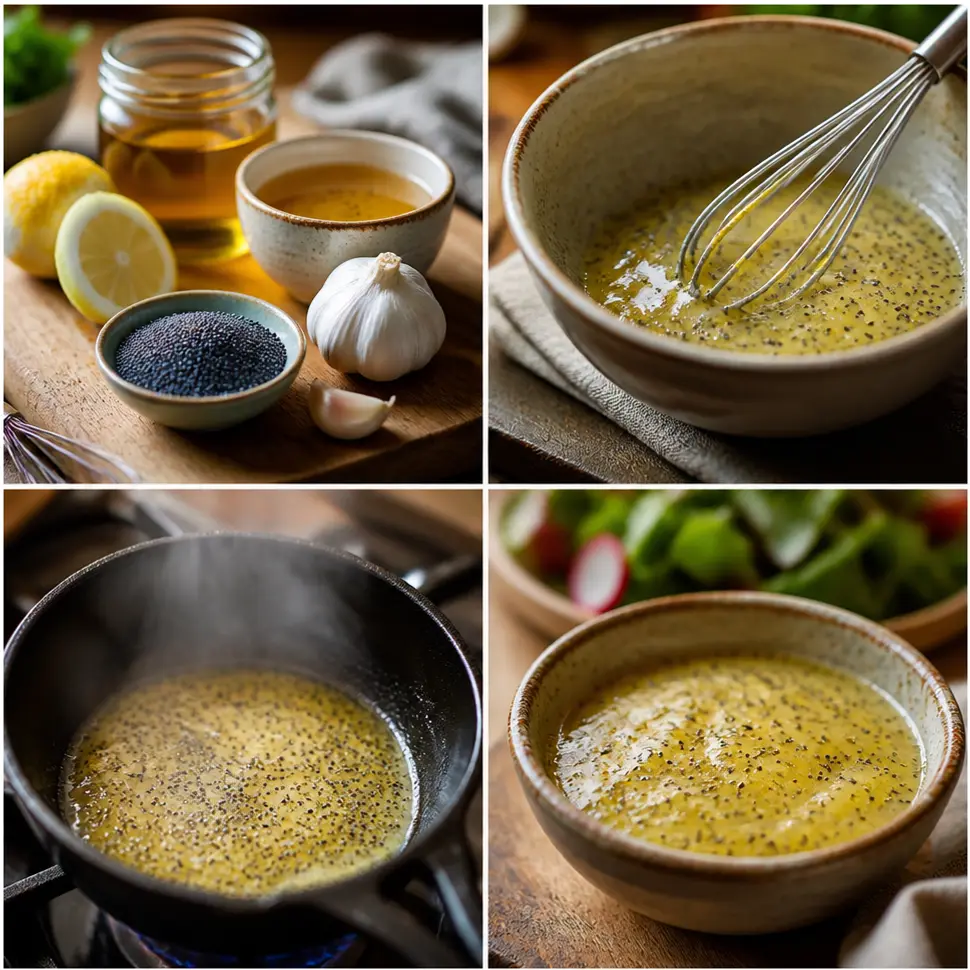 Poppy Seed Dressing Recipe for Fresh Salads 3 Whisking poppy seeds, honey, vinegar, mustard, and oil together in a mixing bowl