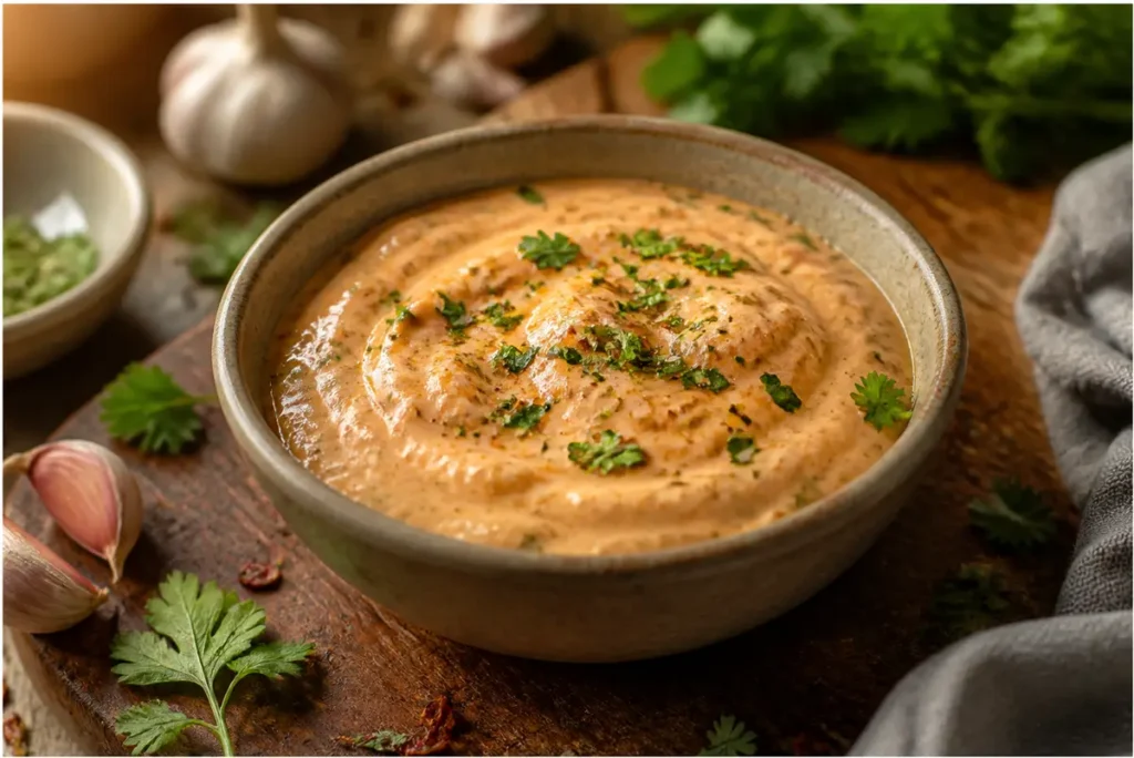 Home 8 remoulade sauce recipe in a bowl, creamy dipping sauce garnished with herbs beside burgers