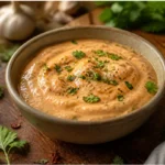 remoulade sauce recipe in a bowl, creamy dipping sauce garnished with herbs beside burgers