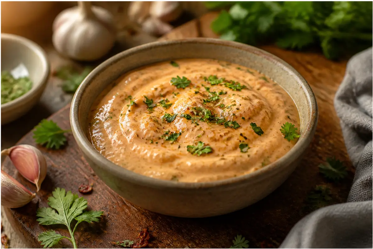 remoulade sauce recipe in a bowl, creamy dipping sauce garnished with herbs beside burgers
