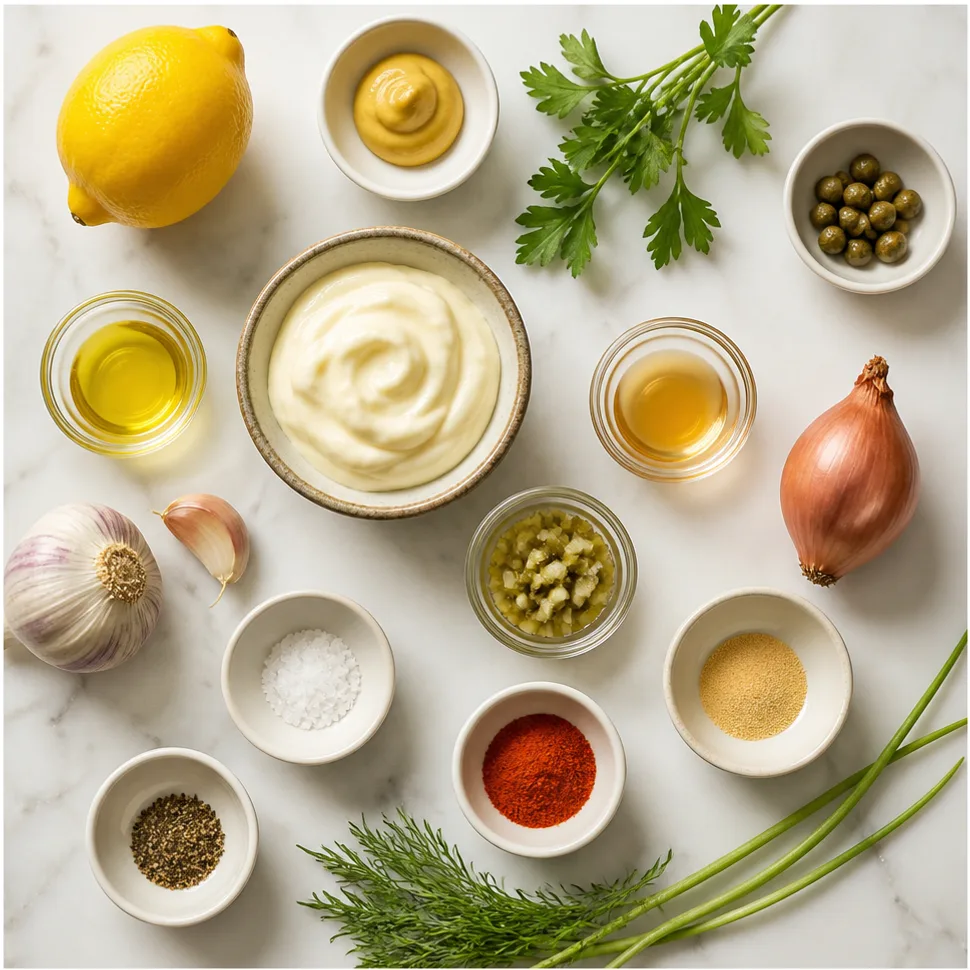 Flat-lay of mayonnaise, mustard, pickles, capers, herbs, lemon, garlic, and spices for remoulade sauce