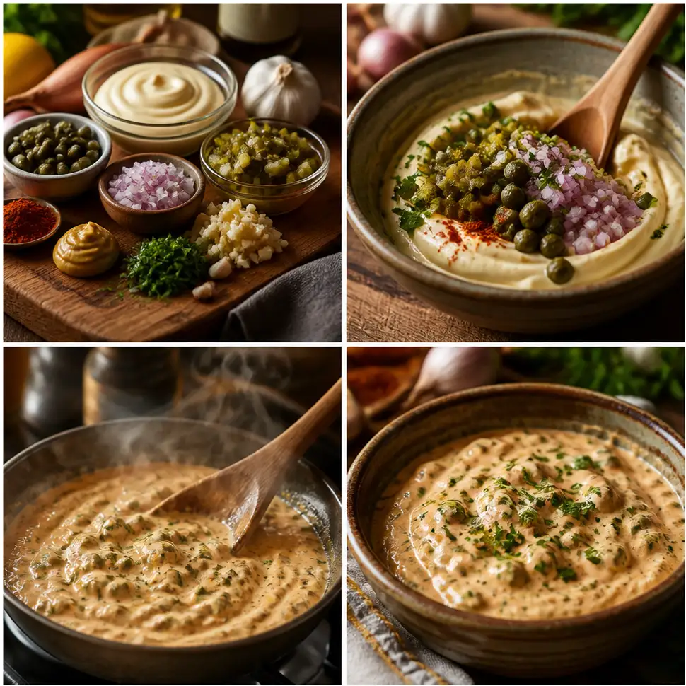 Whisking mayonnaise, mustard, chopped pickles, capers, herbs, lemon juice, and seasonings together in a bowl