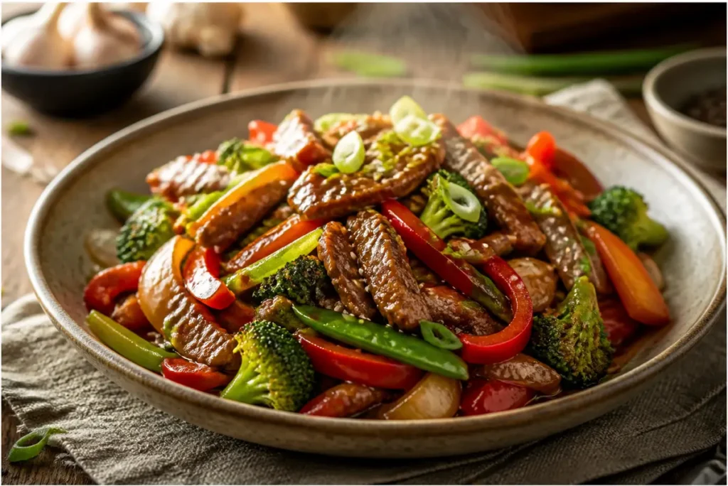 Home 4 stir fry sauce recipe coating colorful vegetables and chicken in a glossy skillet