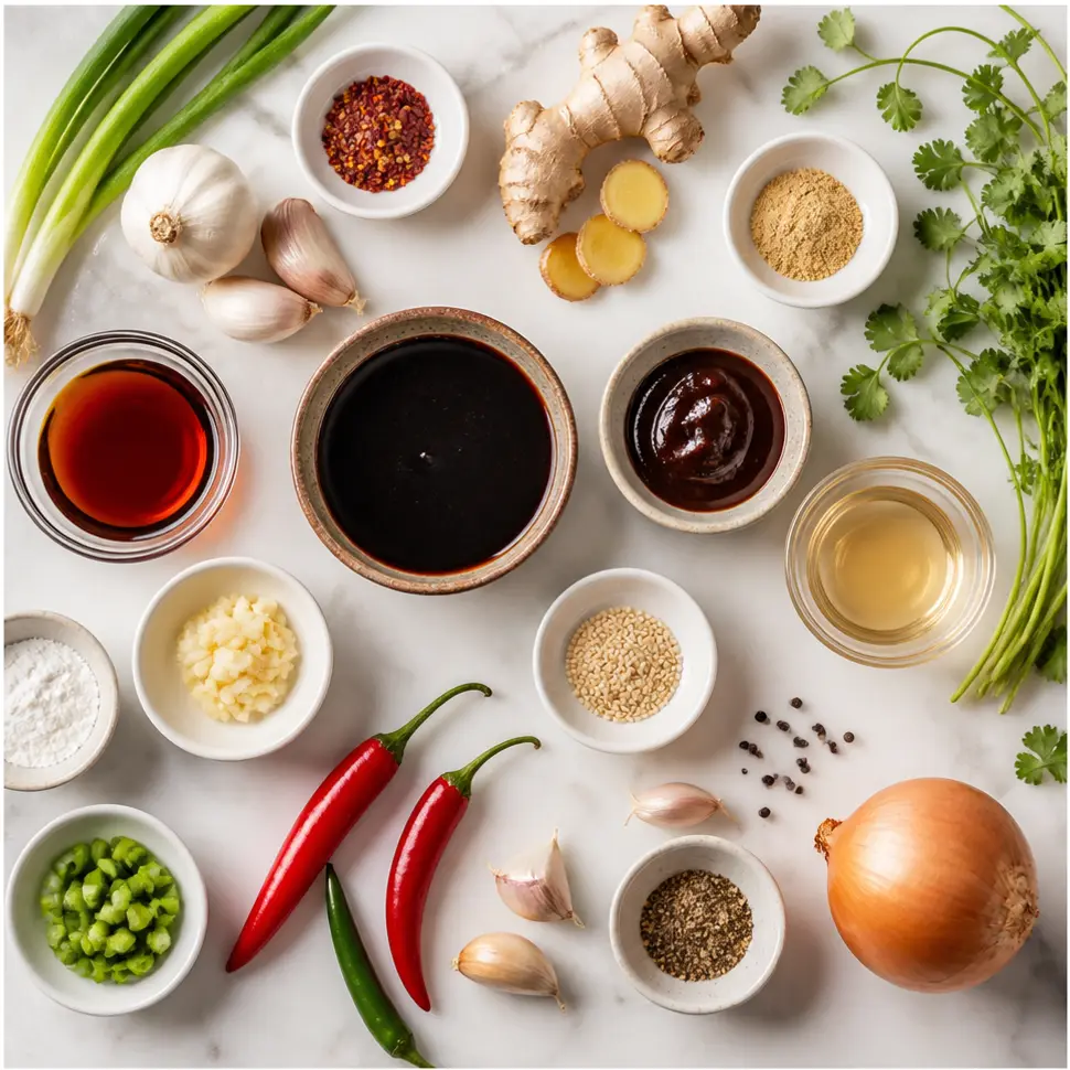 Stir Fry Sauce Recipe for Any Asian-Inspired Dinner 2 Soy sauce, sesame oil, garlic, ginger, honey, cornstarch, and fresh vegetables arranged