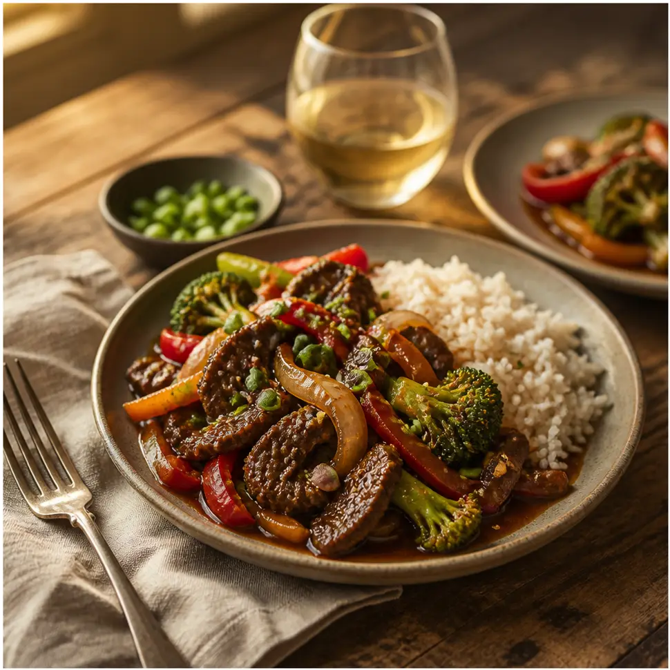 Stir Fry Sauce Recipe for Any Asian-Inspired Dinner 4 Close-up serving of glossy stir-fried vegetables and chicken over steamed white rice