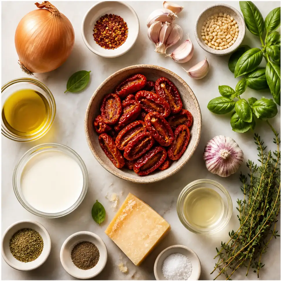 Sun-Dried Tomato Sauce- Intense Italian Flavor 2 Flat-lay of sun-dried tomatoes, garlic, cream, Parmesan, herbs, olive oil, and pasta
Sun-Dried Tomato Sauce