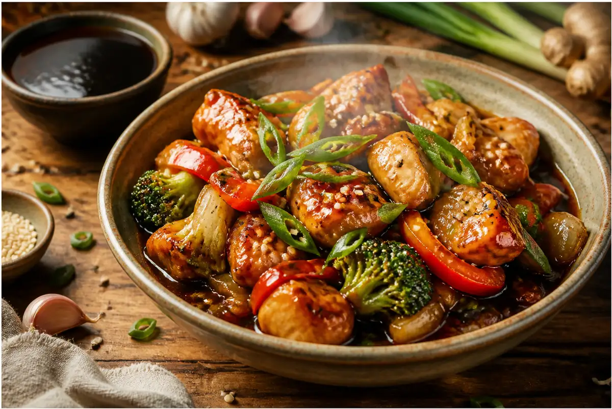 Home 3 teriyaki sauce recipe in a glossy bowl beside grilled chicken and steamed rice
