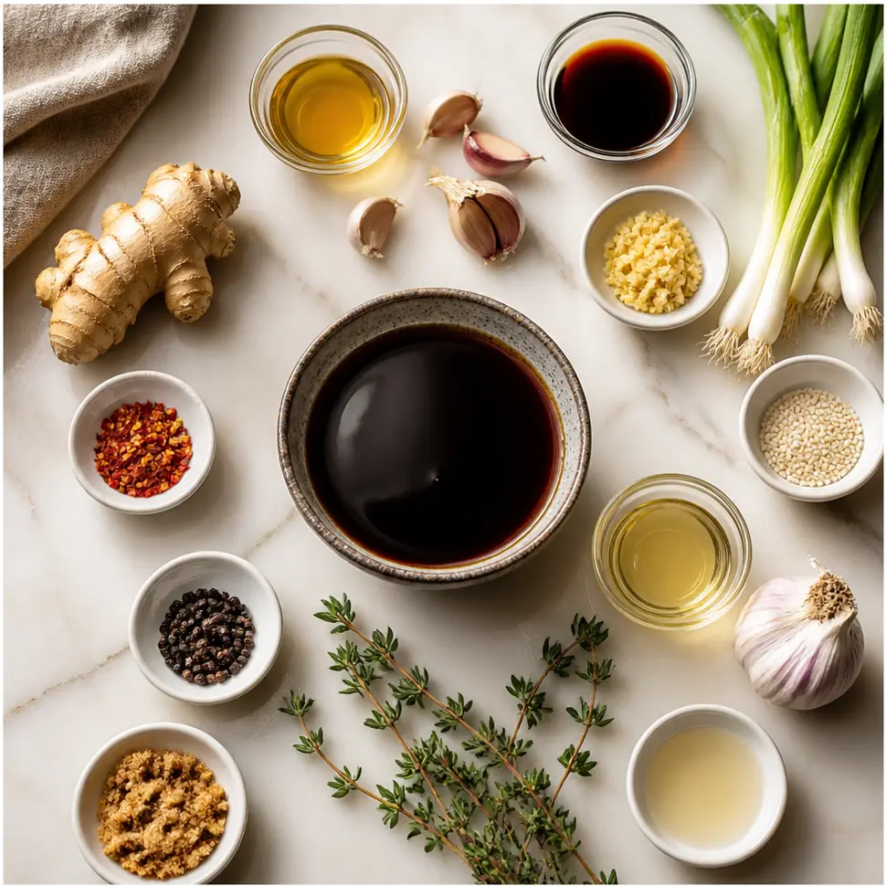 Teriyaki Sauce Recipe for Stir-Fries, Grilling, and Marinades 2 Flat-lay of soy sauce, mirin, brown sugar, garlic, ginger, and sesame oil
