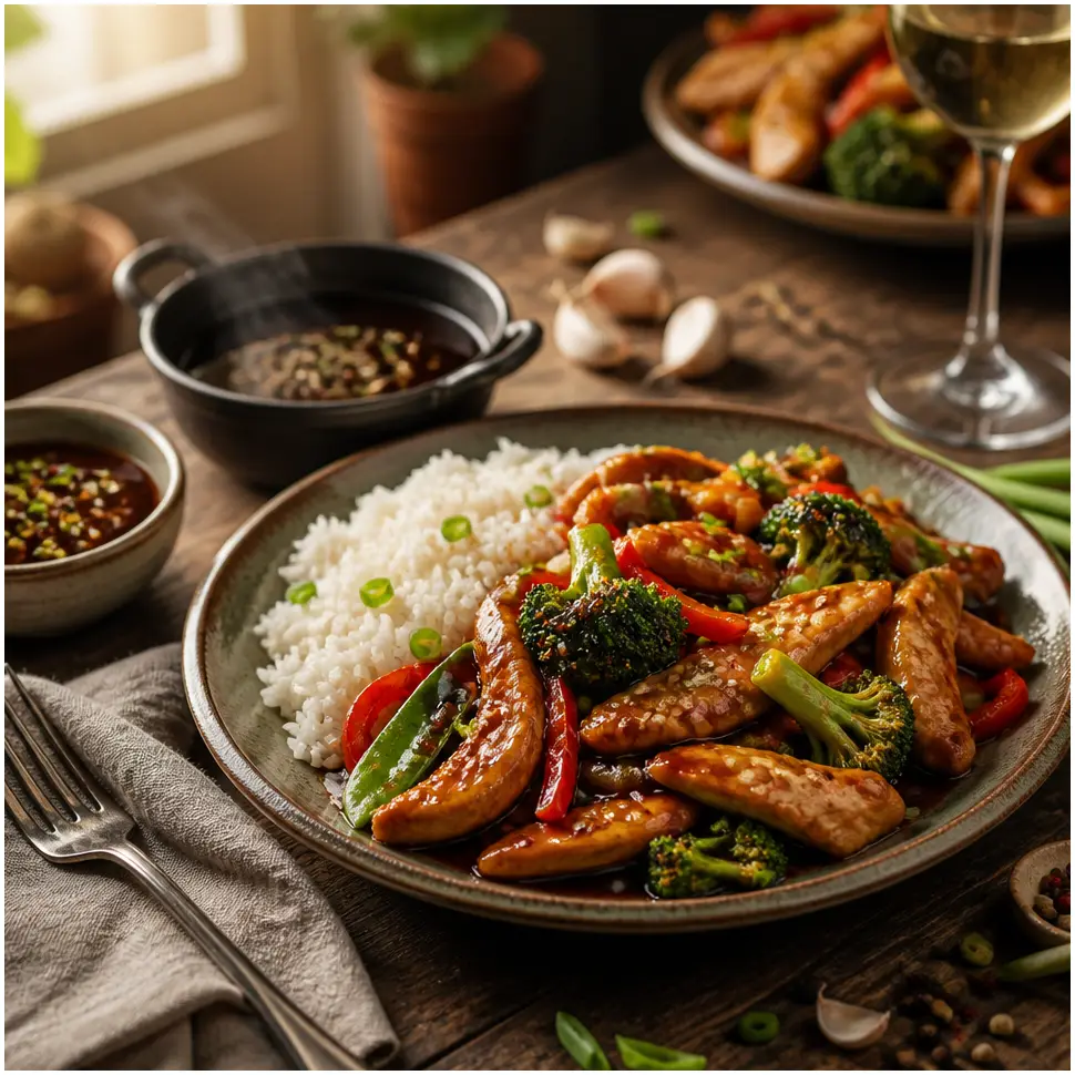 Teriyaki Sauce Recipe for Stir-Fries, Grilling, and Marinades 3 Close-up of teriyaki-glazed chicken being served with rice and sliced green onions